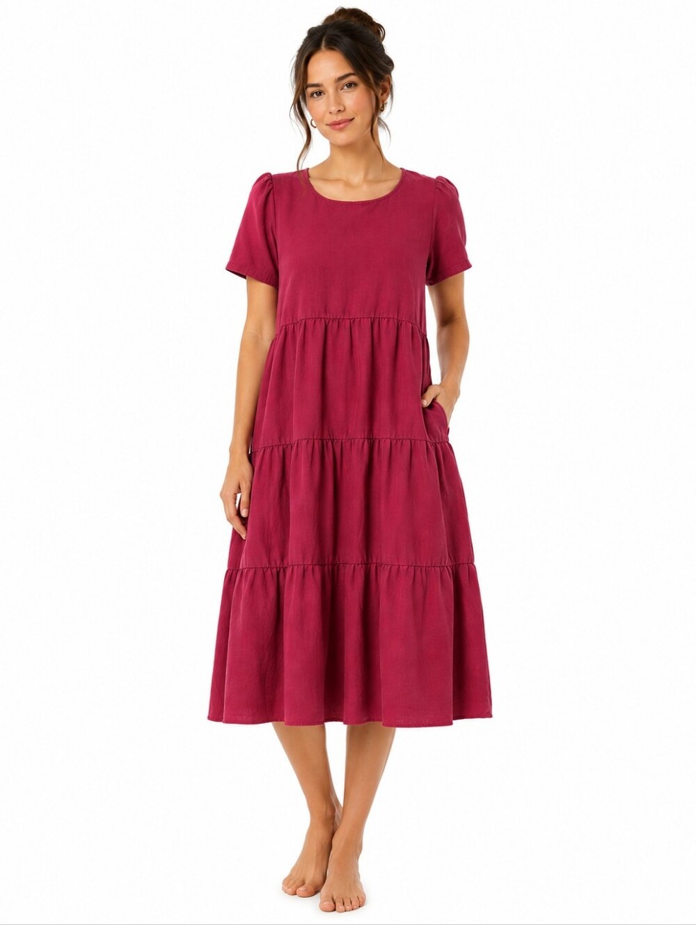 Tradlands Chalet Tiered Linen Dress Women's Large Short Sleeves Minimalist Pink